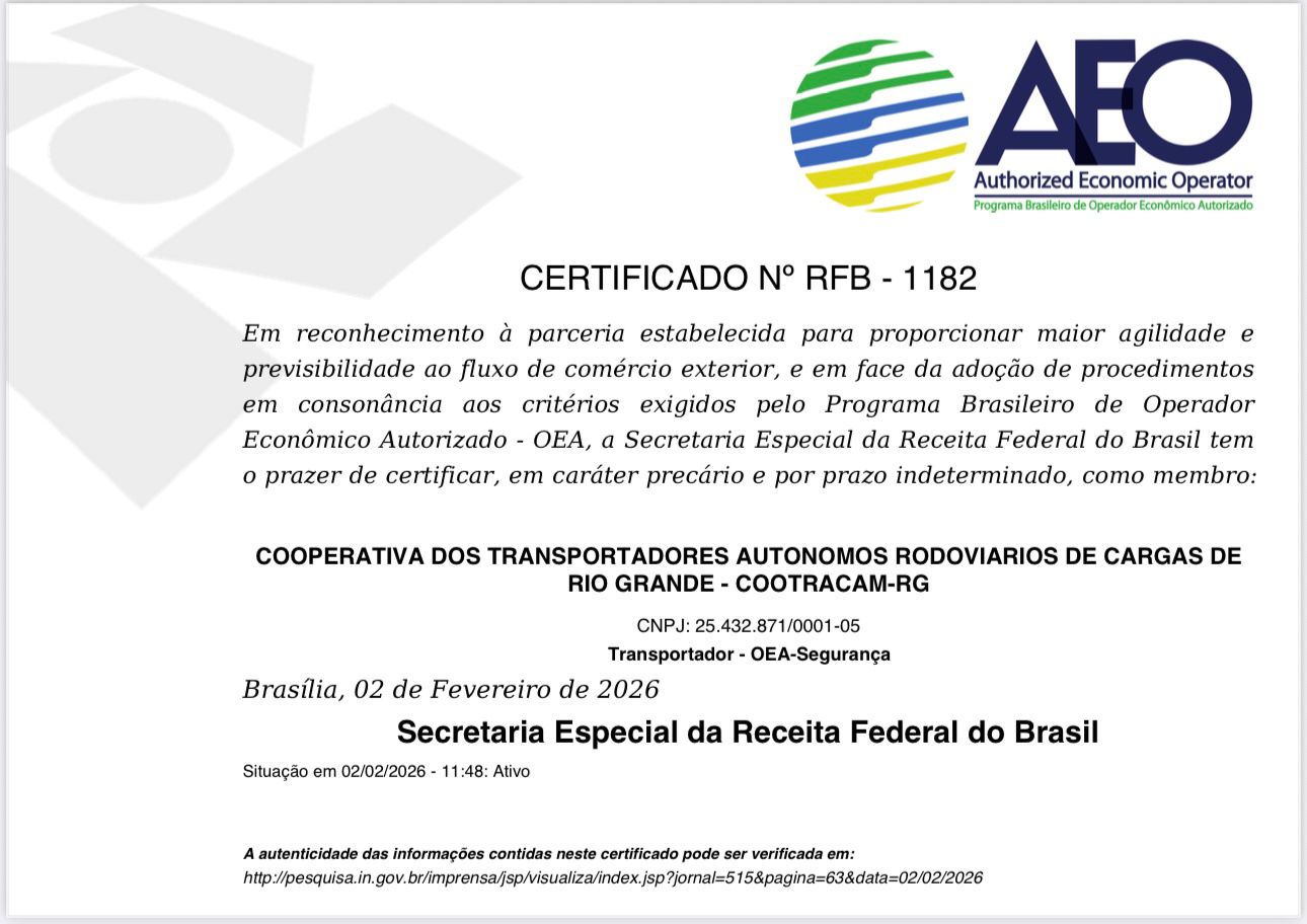 COOTRACAM conquista certificação OEA Segurança e passa a integrar seleto grupo de transportadoras reconhecidas pela Receita Federal